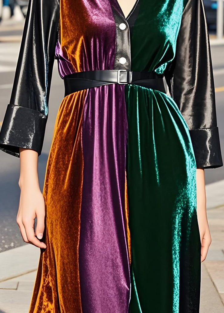 Modern Colorblock Faux Leather Sashes Patchwork Velvet Dresses Fall