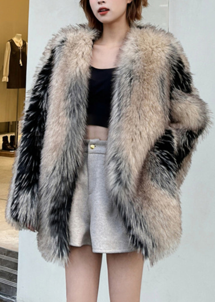 Modern Colorblock Leather And Fur Coats V Neck Winter