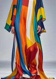 Modern Colorblock O Neck Silk Holiday Maxi Dress Long Sleeve