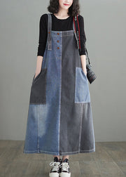 Modern Colorblock Oversized Patchwork Pockets Denim Strap Dress Summer