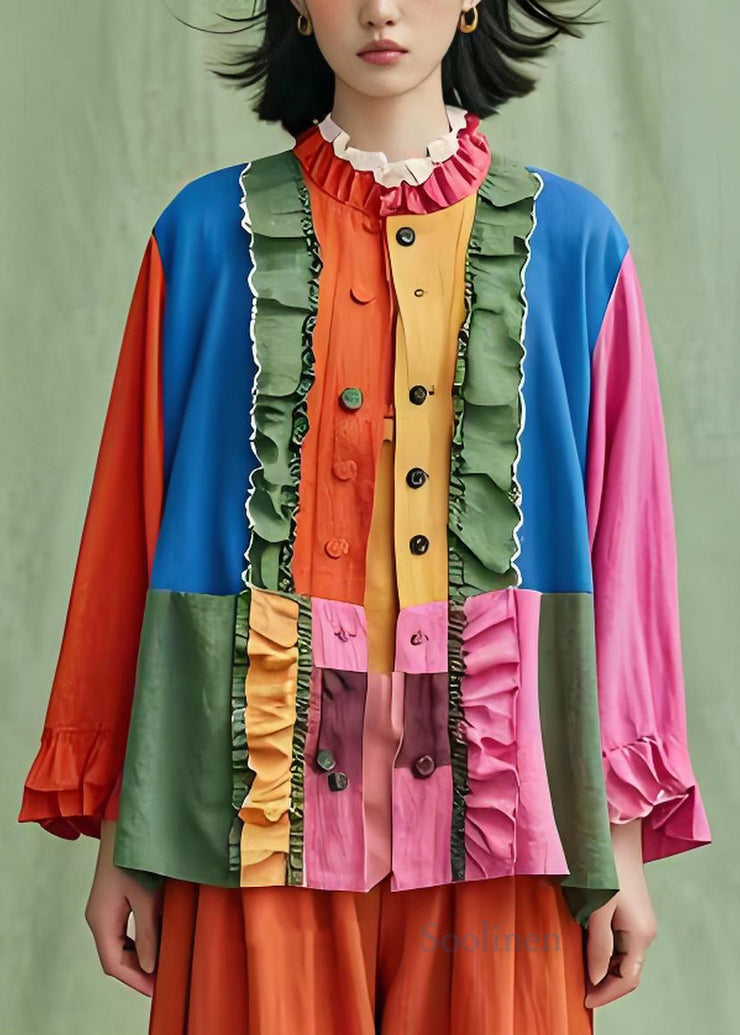 Modern Colorblock Ruffled Button Patchwork Cotton Shirt Tops Summer