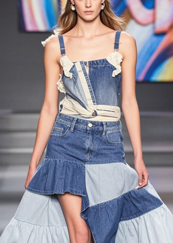 Modern Colorblock Ruffled Patchwork Denim A Line Skirt Spring