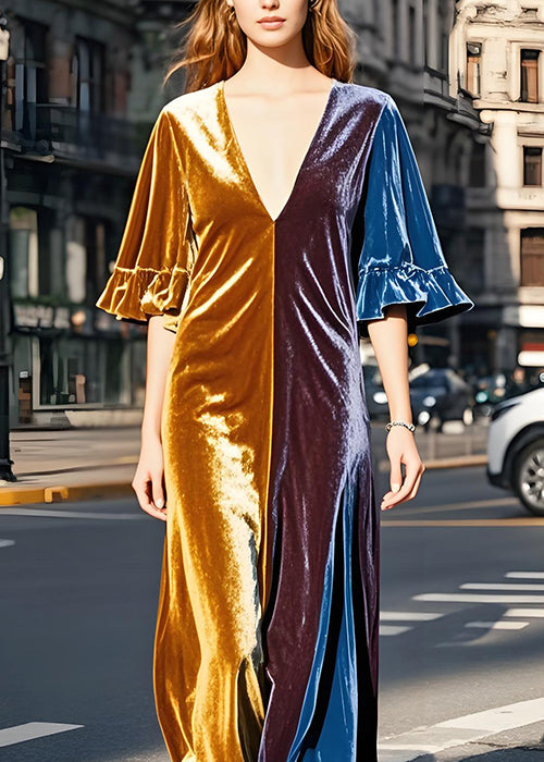 Modern Colorblock V Neck Velvet Long Dresses Butterfly Sleeve