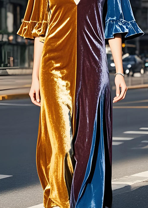 Modern Colorblock V Neck Velvet Long Dresses Butterfly Sleeve