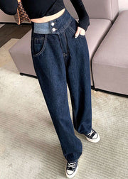 Modern Dark Blue Button Pockets High Waist Straight Pants Fall