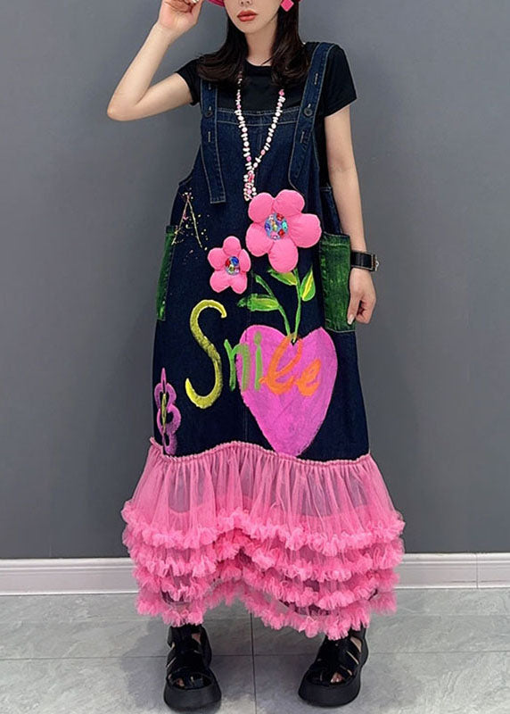 Modern Dark Blue Patchwork Pink Tulle Patchwork Floral Maxi Dresses Sleeveless