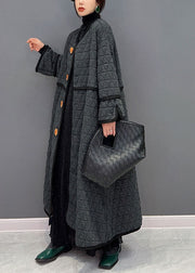 Modern Dark Grey V Neck Patchwork Fine Cotton Filled Loose Coat Winter