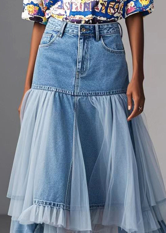 Modern Denim Blue Asymmetrical Patchwork Tulle Skirts Spring