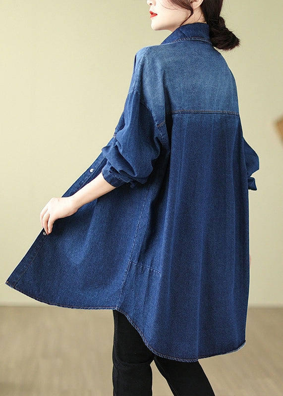 Modern Denim Blue Oversized Pockets Cotton Coat Spring