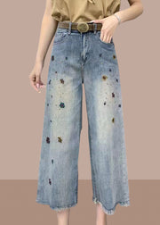 Modern Denim Blue Pockets High Waist Crop Wide Leg Pants Summer