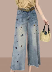 Modern Denim Blue Pockets High Waist Crop Wide Leg Pants Summer