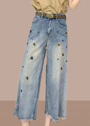 Modern Denim Blue Pockets High Waist Crop Wide Leg Pants Summer