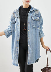 Modern Denim Blue Rivet Cotton Ripped Coats Fall