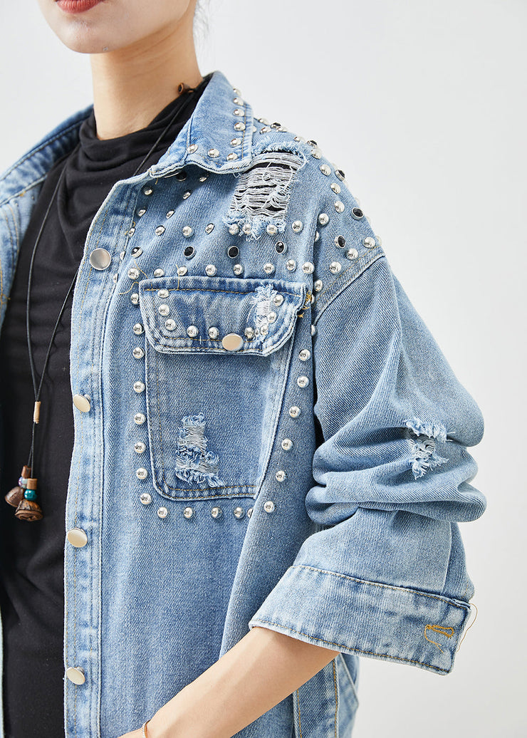 Modern Denim Blue Rivet Cotton Ripped Coats Fall