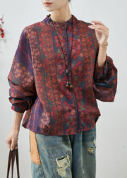 Modern Dull Red Oversized Print Cotton Shirt Top Fall