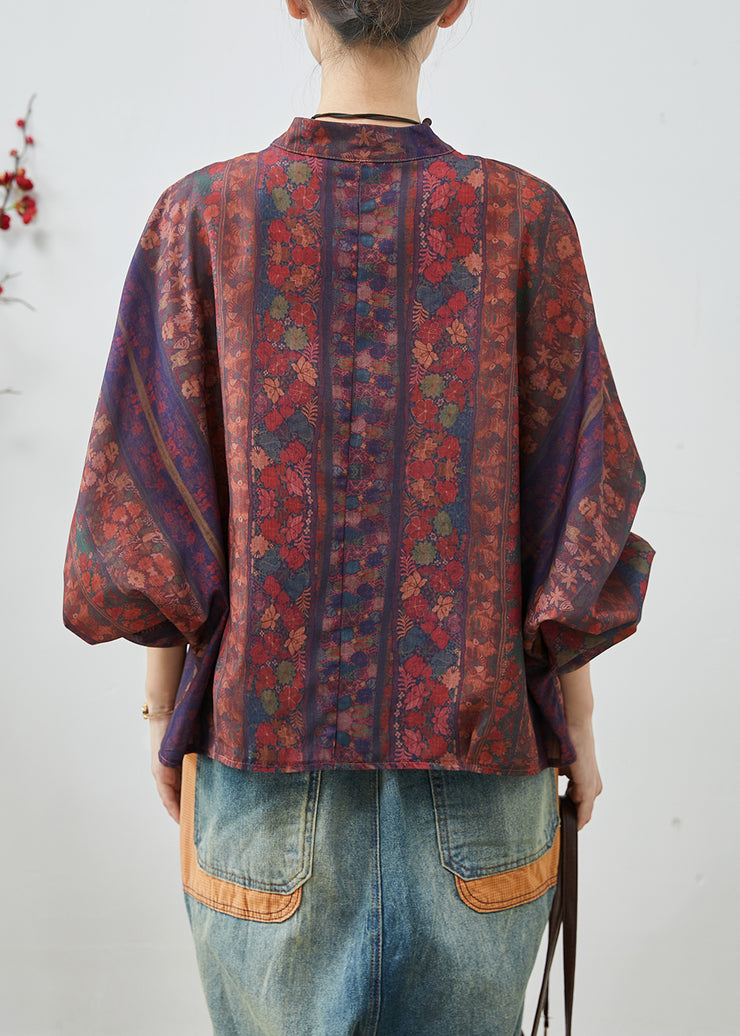 Modern Dull Red Oversized Print Cotton Shirt Top Fall