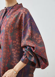 Modern Dull Red Oversized Print Cotton Shirt Top Fall