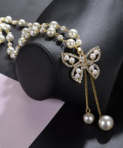 Modern Gold Alloy Pearl Zircon Butterfly Tassel Pendant Necklace