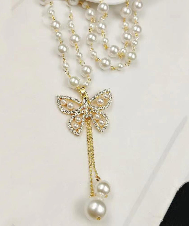 Modern Gold Alloy Pearl Zircon Butterfly Tassel Pendant Necklace