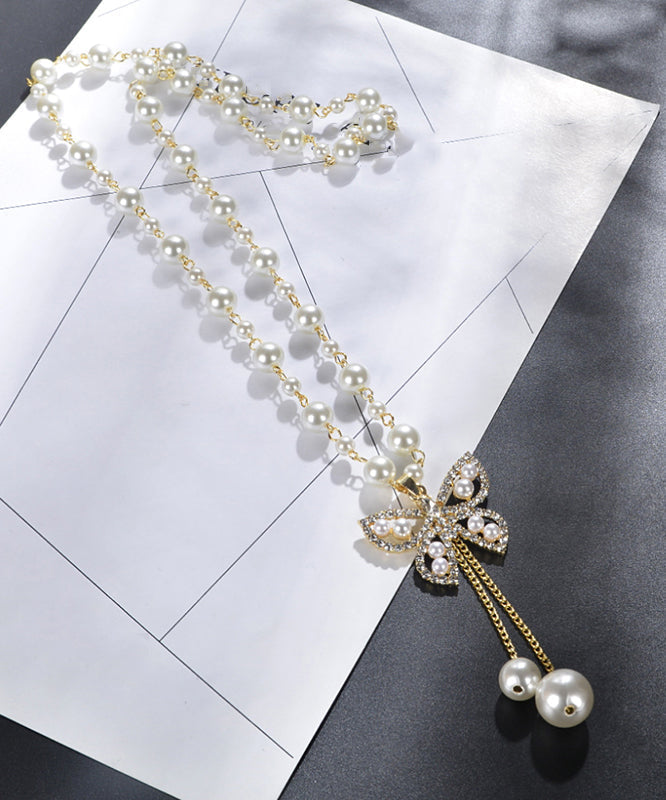 Modern Gold Alloy Pearl Zircon Butterfly Tassel Pendant Necklace