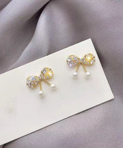 Modern Gold Alloy Zircon Pearl Bow Stud Earrings