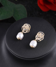 Modern Gold Alloy Zircon Pearl Hollowed Out Rose Drop Earrings