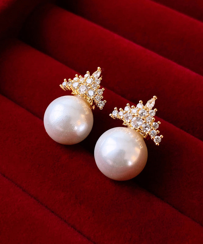 Modern Gold Copper Alloy Zircon Crown Pearl Stud Earrings