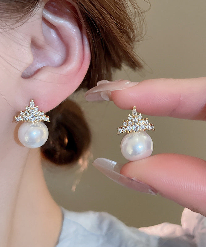 Modern Gold Copper Alloy Zircon Crown Pearl Stud Earrings