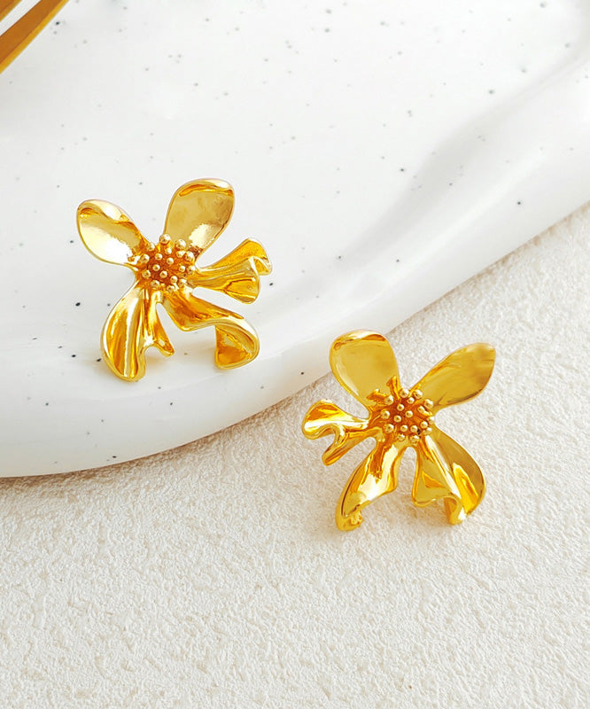 Modern Gold Copper Asymmetrical Floral Stud Earrings