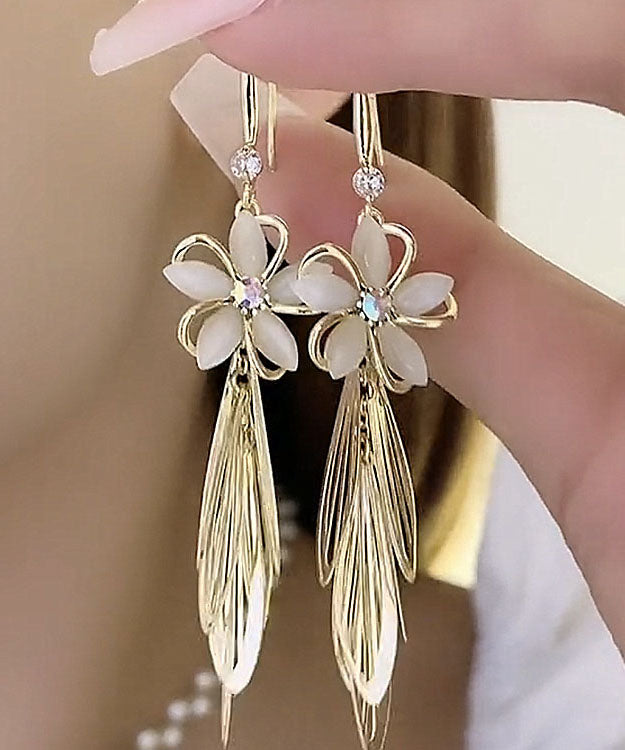 Modern Gold Copper Overgild Inlaid Zircon Opal Graphic Tassel Drop Earrings