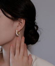 Modern Gold Sterling Silver Alloy Pearl Hoop Earrings