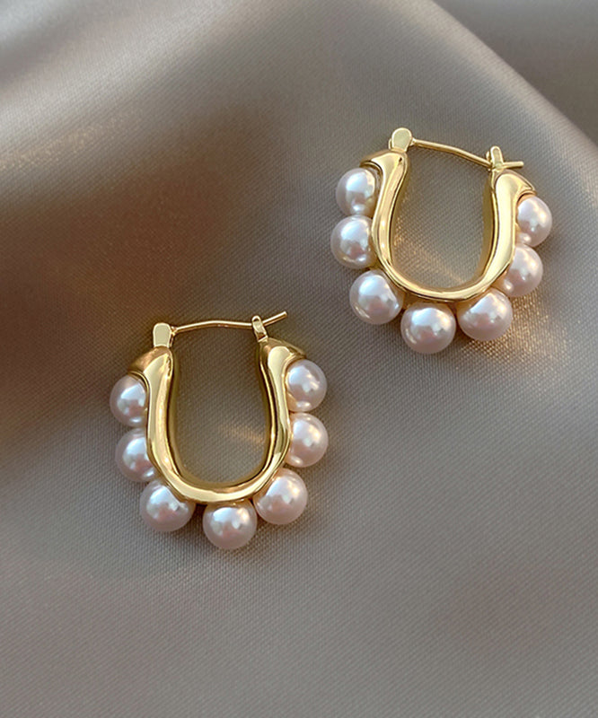 Modern Gold Sterling Silver Alloy Pearl Hoop Earrings