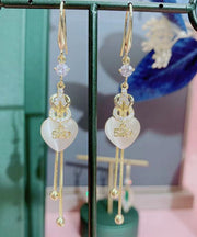 Modern Gold Sterling Silver Overgild Inlaid Gem Stone Zircon Love Tassel Drop Earrings