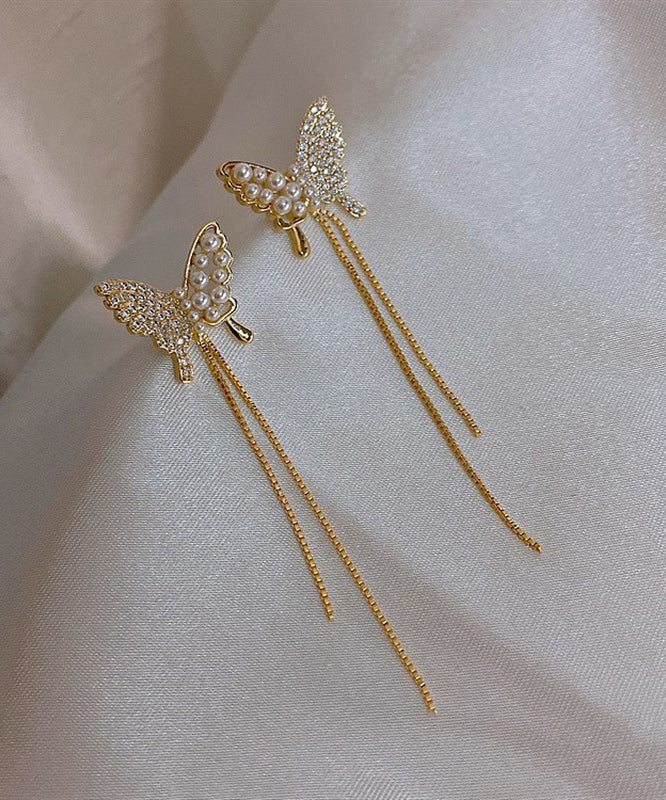 Modern Gold Sterling Silver Overgild Zircon Butterfly Tassel Drop Earrings