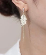 Modern Gold Sterling Silver Overgild Zircon Leaf Tassel Drop Earrings