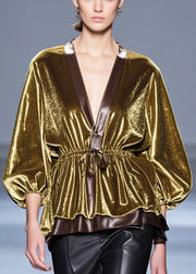 Modern Golden Cinched Patchwork Silk Velour Shirts Fall