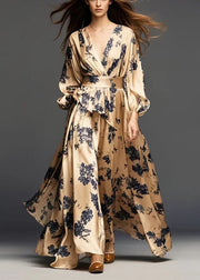 Modern Golden Cinched Print Silk Dress Fall