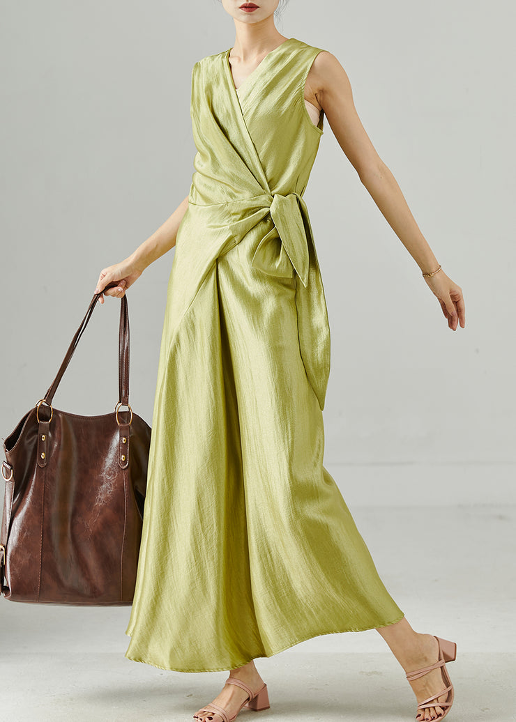 Modern Grass Green Asymmetrical Tie Waist Silk Dress Sleeveless