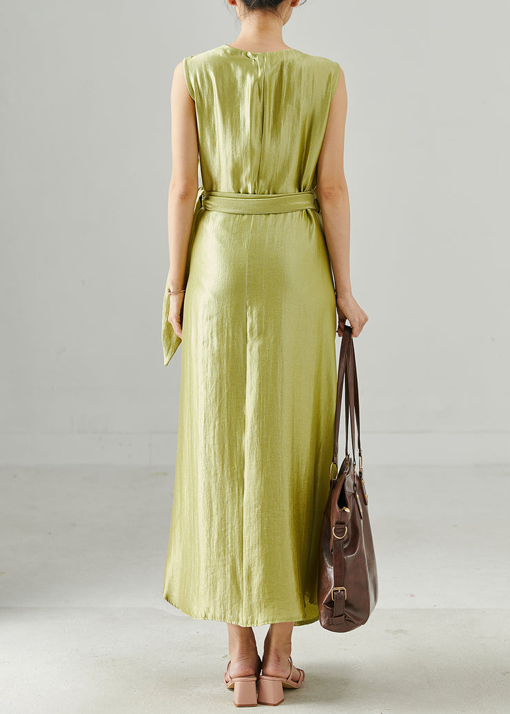 Modern Grass Green Asymmetrical Tie Waist Silk Dress Sleeveless