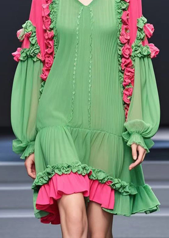 Modern Grass Green Ruffled Floral Chiffon Tea Dresses Fall