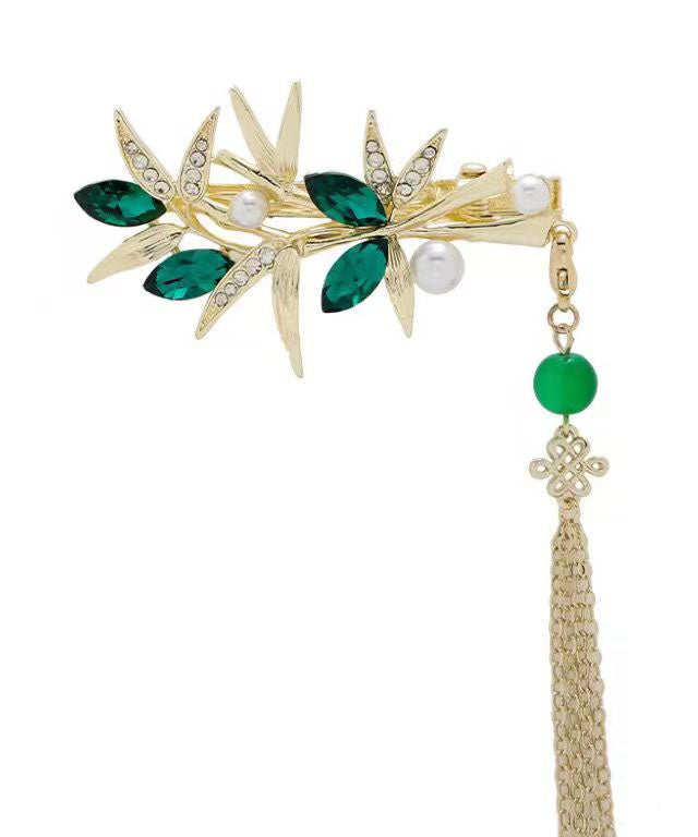 Modern Green Alloy Crystal Jade Bamboo Leaf Tassel Hairpin