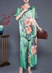 Modern Green Asymmetrical Floral Silk Women Sets 2 Pieces Summer