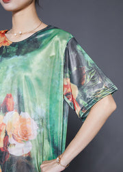 Modern Green Asymmetrical Floral Silk Women Sets 2 Pieces Summer