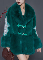 Modern Green Chinese Button Patchwork Mink Velvet Trench Winter