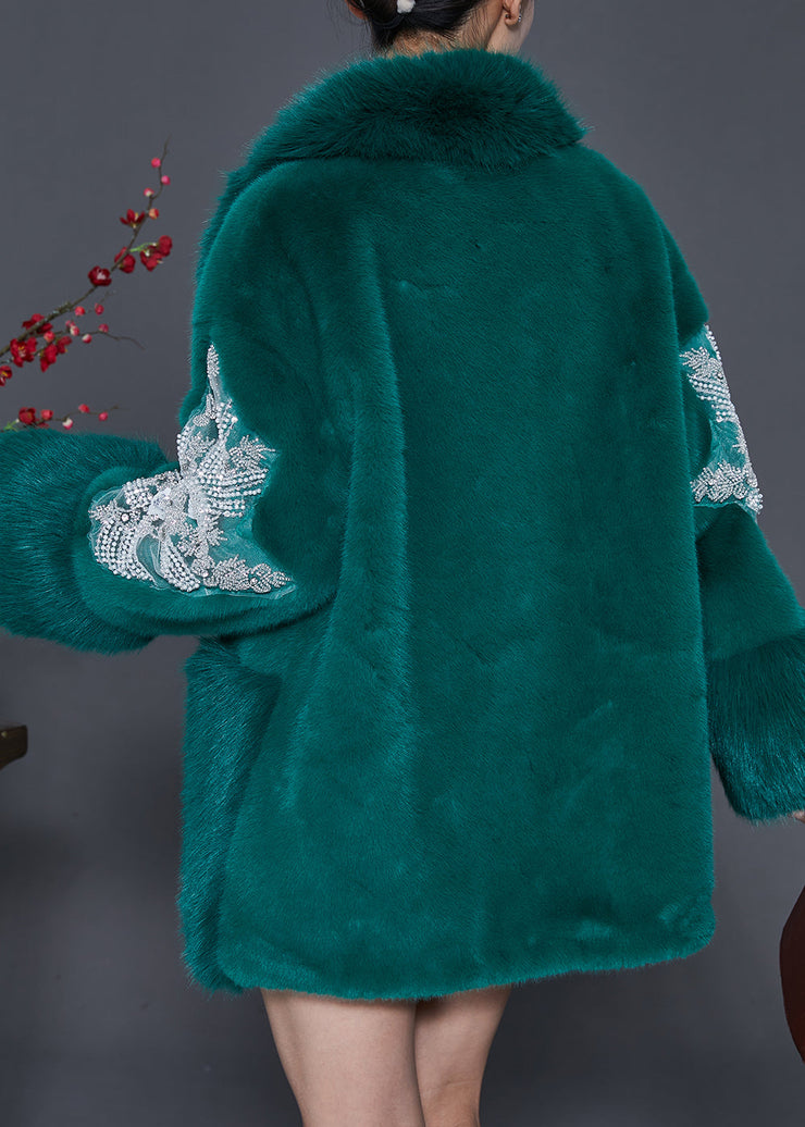 Modern Green Chinese Button Patchwork Mink Velvet Trench Winter