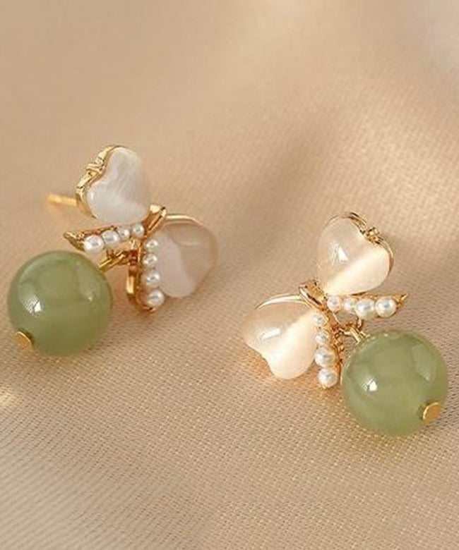 Modern Green Copper Jade Pearl Butterfly Drop Earrings