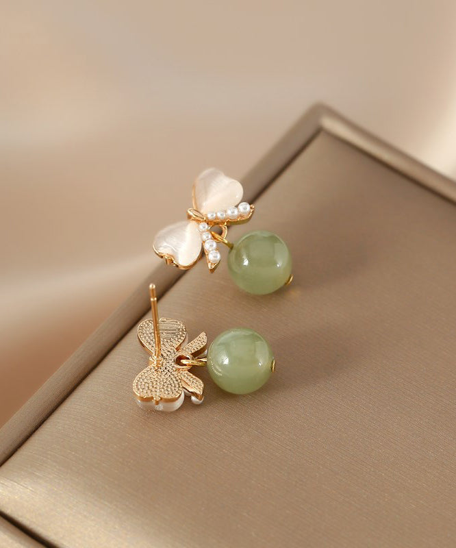 Modern Green Copper Jade Pearl Butterfly Drop Earrings