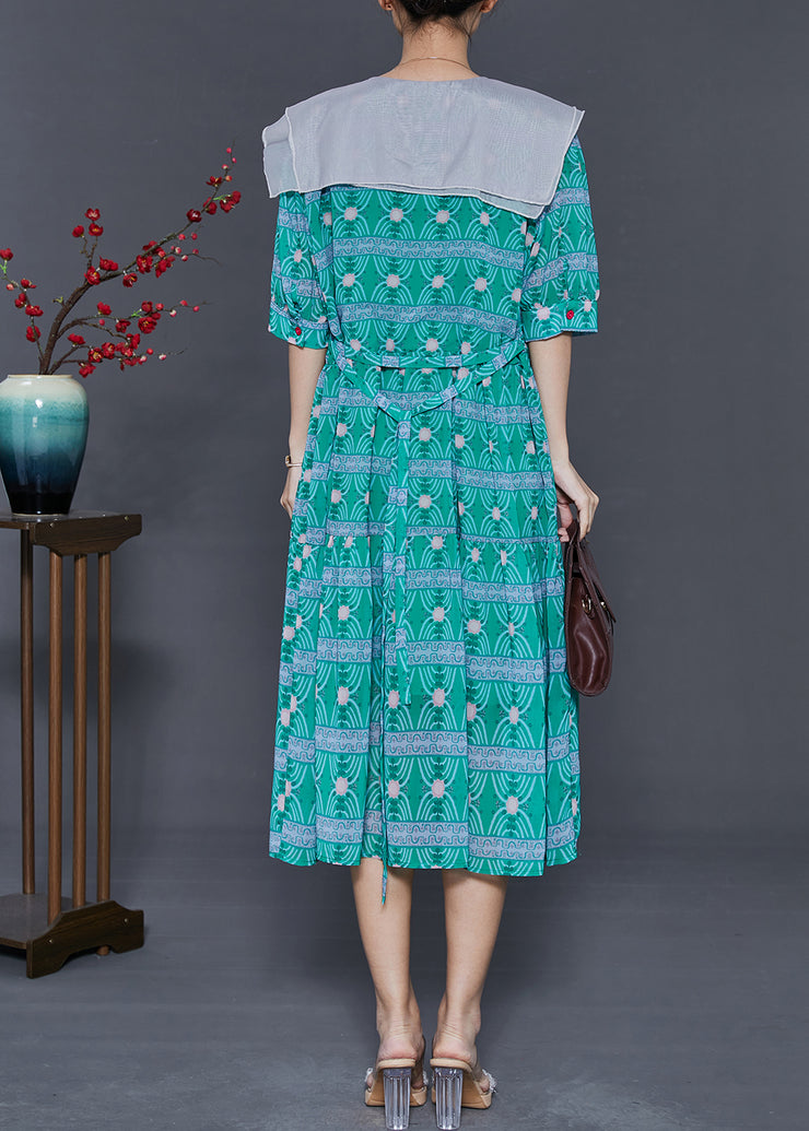 Modern Green Double-layer Collar Print Chiffon Dress Summer