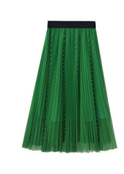 Modern Green Elastic Waist Nail Bead Tulle Pleated Skirts Spring