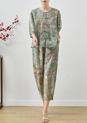 Modern Green Embroidered Chinese Button Silk Two Pieces Set Summer